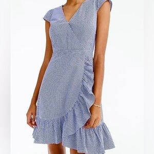 J Crew Navy Blue & White Gingham Faux Wrap Dress with ruffle hem, cap sleeves 00